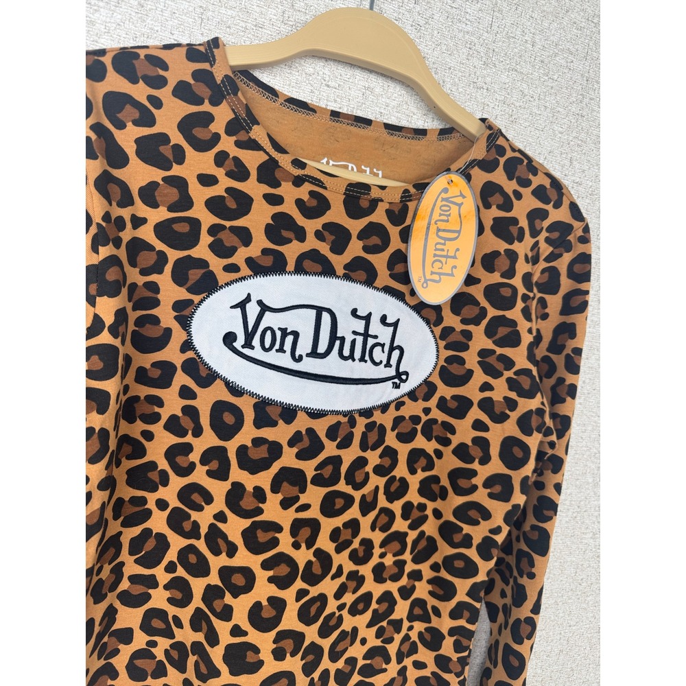 Von Dutch Leopard Print Long Sleeve Crop Top Y2K Logo Patch Womens M NWT - Picture 2 of 5